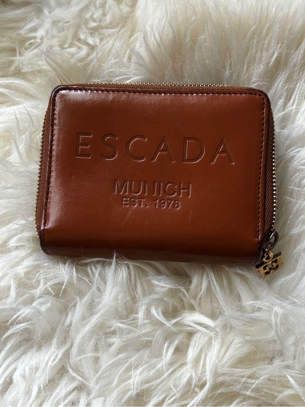 Escada Cognac Leather Card Wallet with Gold Charm